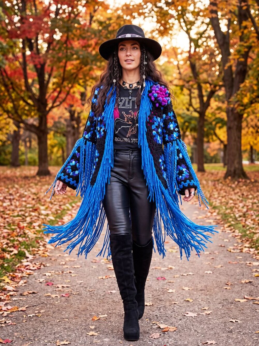 Black and Blue Fringe Granny Square Sweater Size L/XL